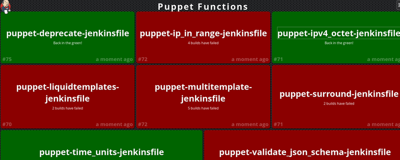 Screen shot of the Jenkins Build Monitor Plugin. Lots of green and red boxes