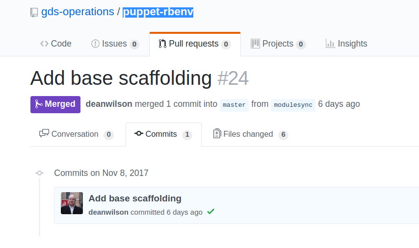 Screen shot of GitHub pull request from modulesync change