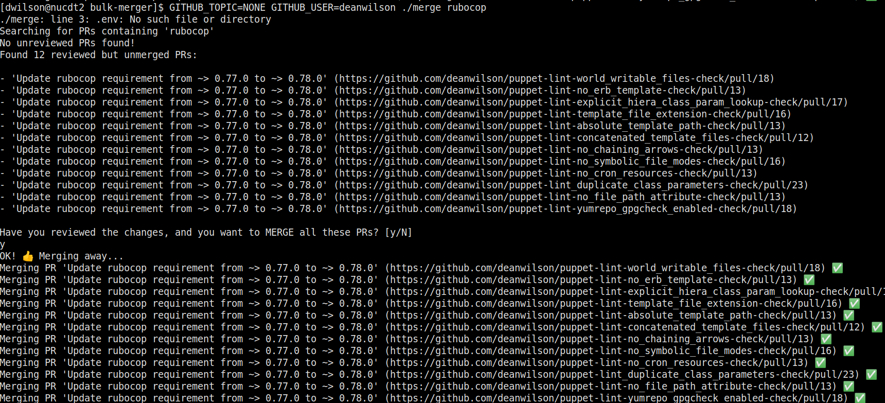 Screen grab of running bulk-merge against rubocop