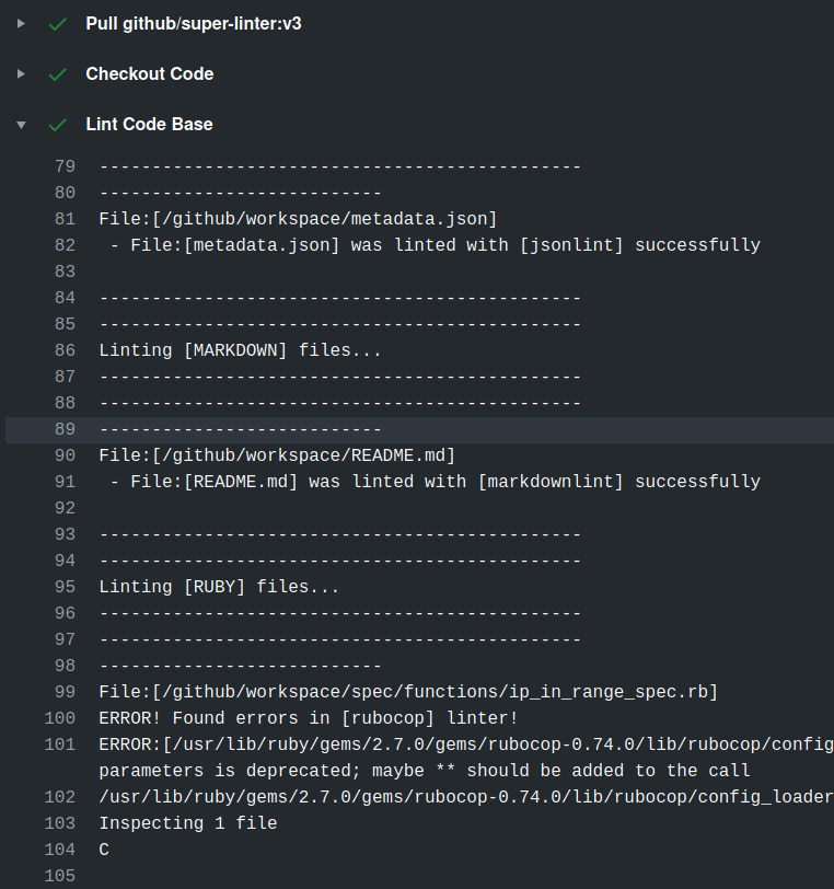 Text output showing linter name and success or failed for each linter