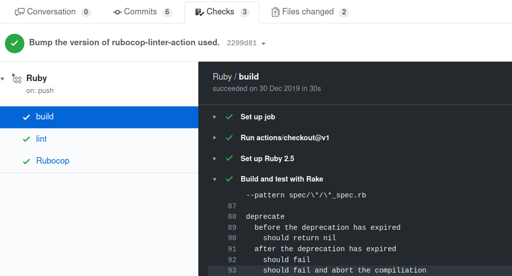 GitHub WebUI showing rake spec output